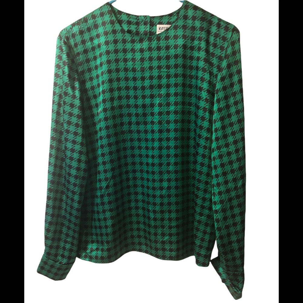 Vintage Kasper ASL blouse green and black houndstooth EUC sz 10